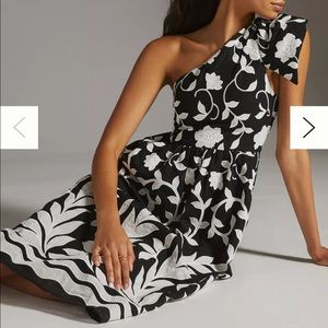 Stunning Brand New Anthropologie Embroidered One Shoulder MIDI Dress Size 0